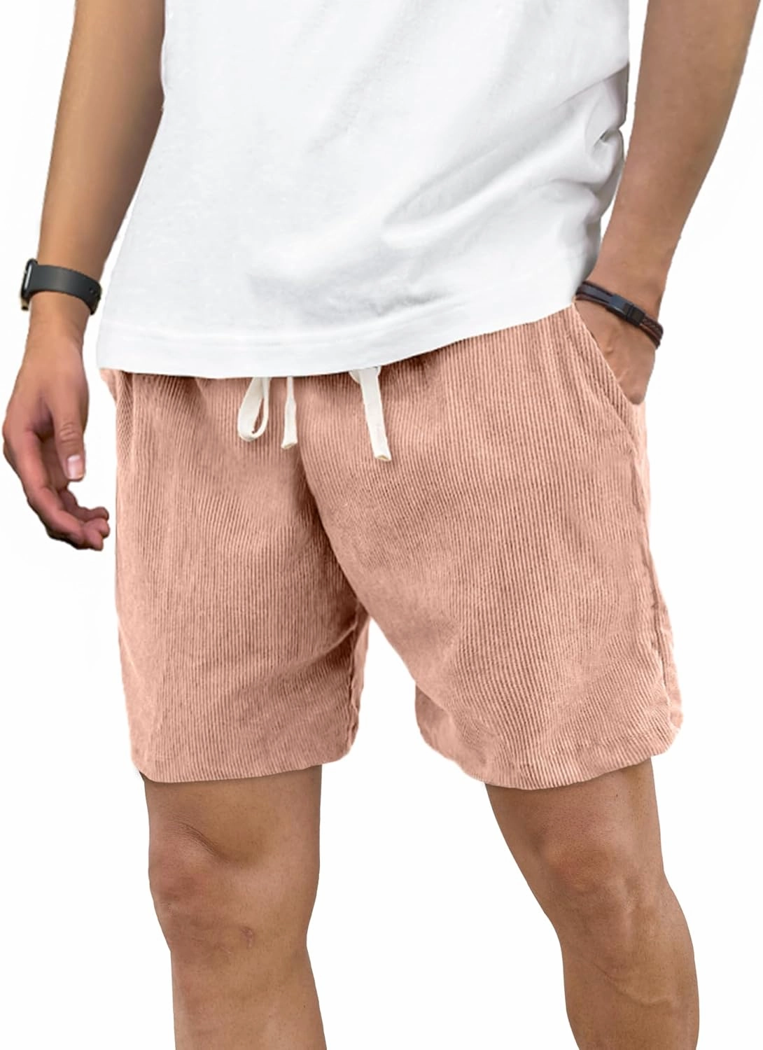 Men's Corduroy Shorts 5 Inch Inseam Drawstring Elastic Waist Lightweight Casual Summer Beach Shorts with Pocket