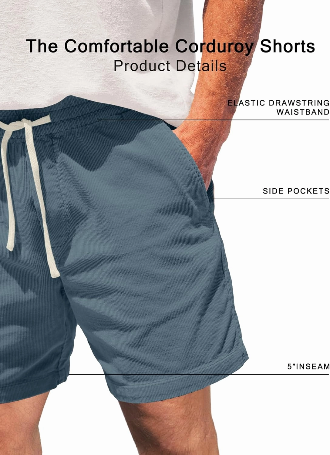 Men's Corduroy Shorts 5 Inch Inseam Drawstring Elastic Waist Lightweight Casual Summer Beach Shorts with Pocket
