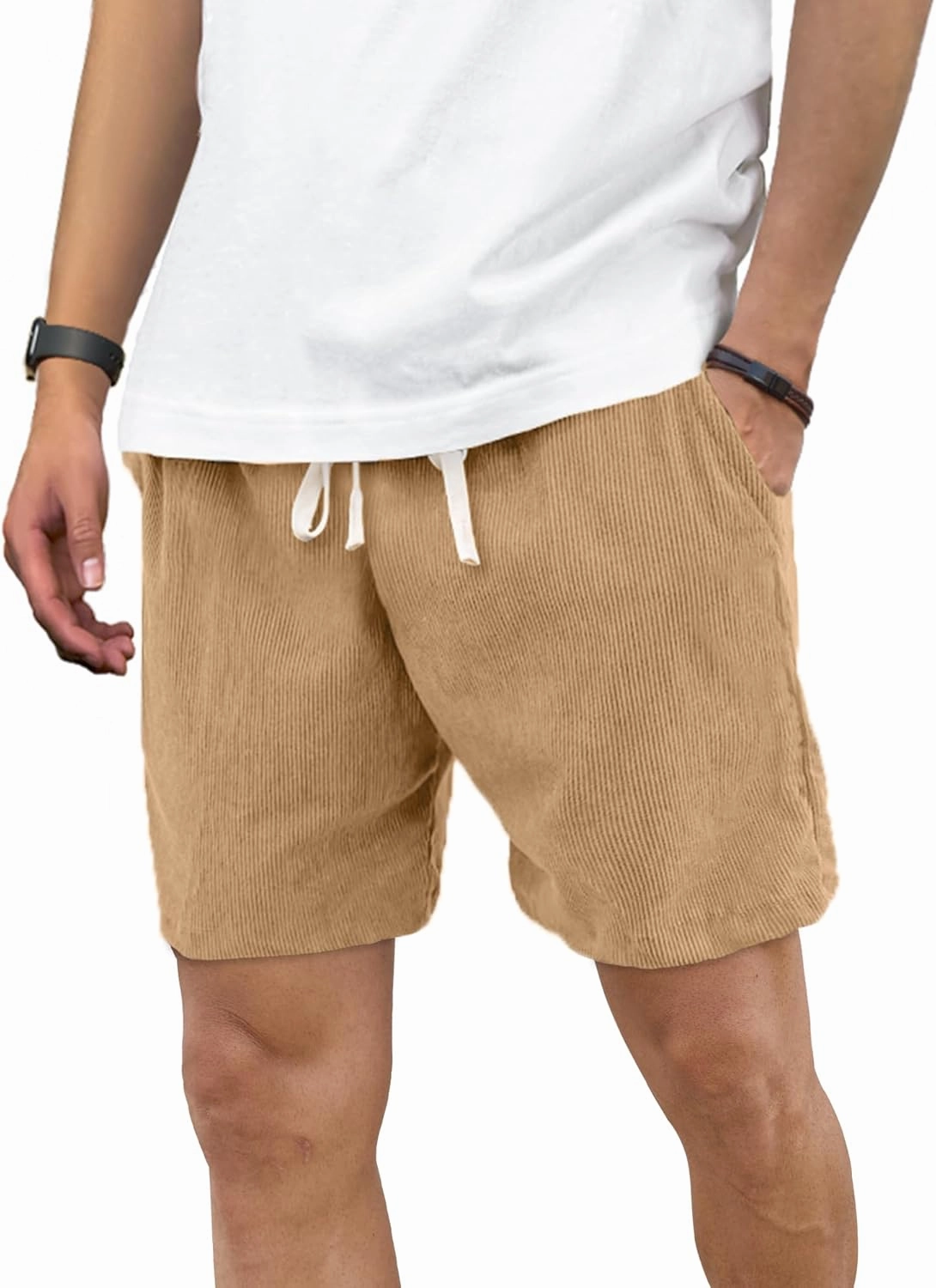 Men's Corduroy Shorts 5 Inch Inseam Drawstring Elastic Waist Lightweight Casual Summer Beach Shorts with Pocket