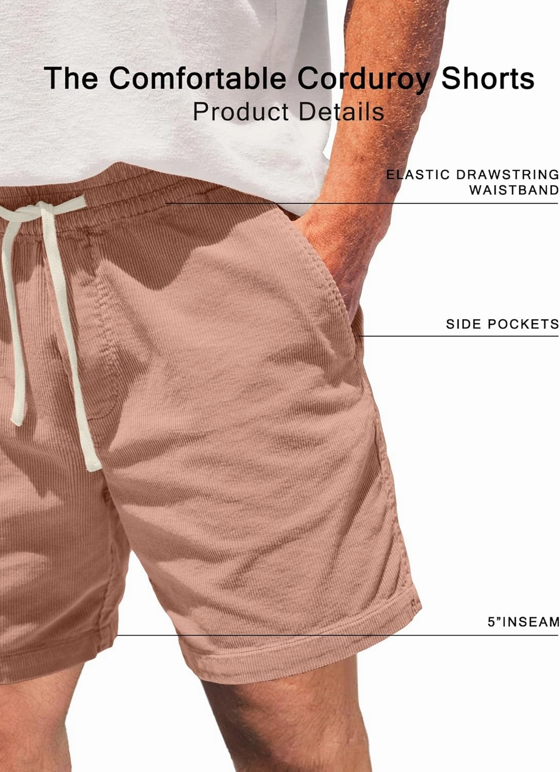 Men's Corduroy Shorts 5 Inch Inseam Drawstring Elastic Waist Lightweight Casual Summer Beach Shorts with Pocket