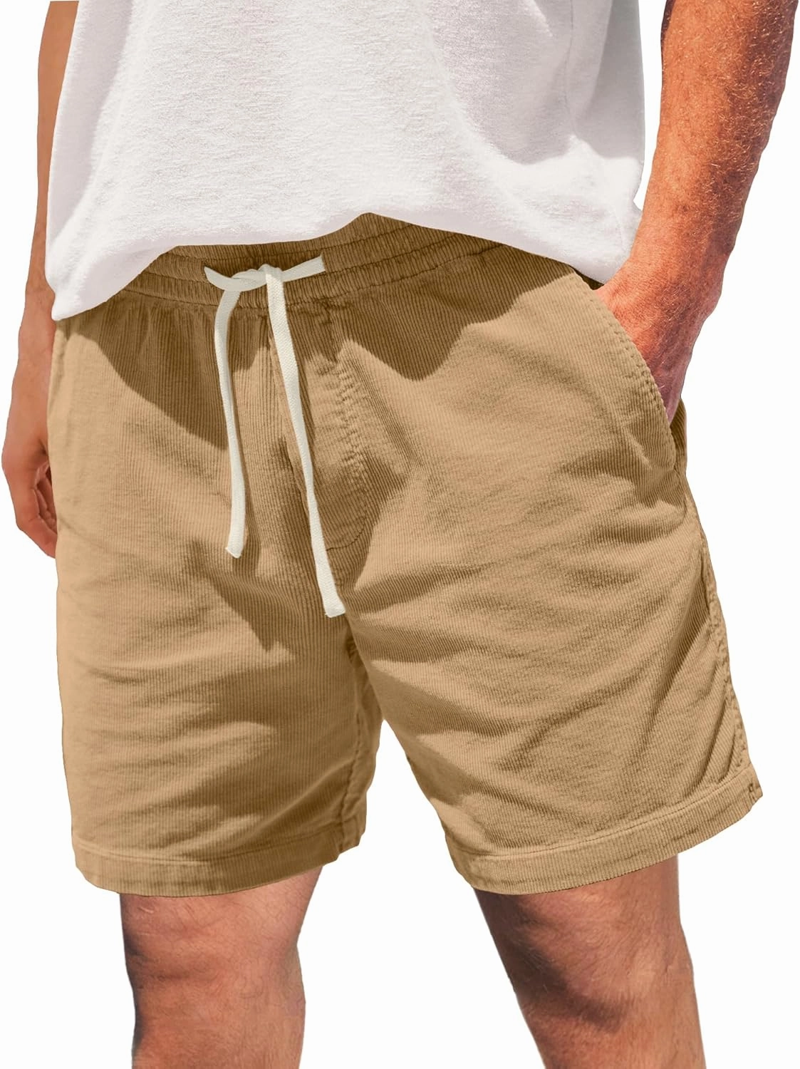 Men's Corduroy Shorts 5 Inch Inseam Drawstring Elastic Waist Lightweight Casual Summer Beach Shorts with Pocket