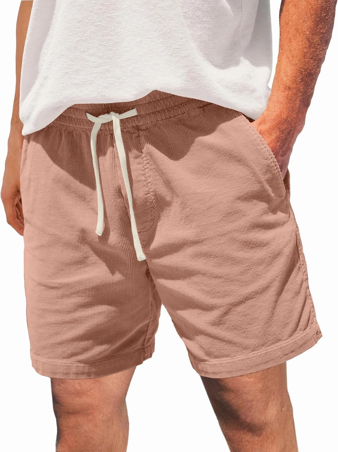 Men's Corduroy Shorts 5 Inch Inseam Drawstring Elastic Waist Lightweight Casual Summer Beach Shorts with Pocket
