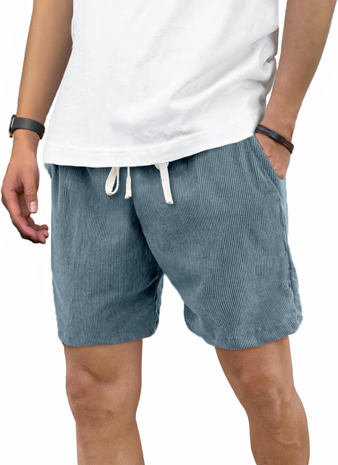 Men's Corduroy Shorts 5 Inch Inseam Drawstring Elastic Waist Lightweight Casual Summer Beach Shorts with Pocket