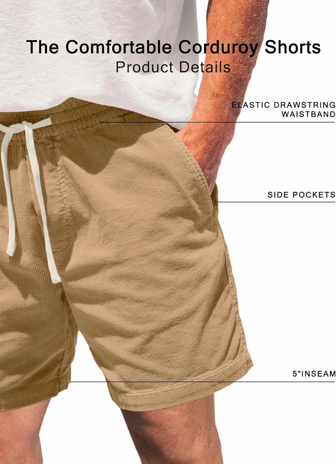 Men's Corduroy Shorts 5 Inch Inseam Drawstring Elastic Waist Lightweight Casual Summer Beach Shorts with Pocket