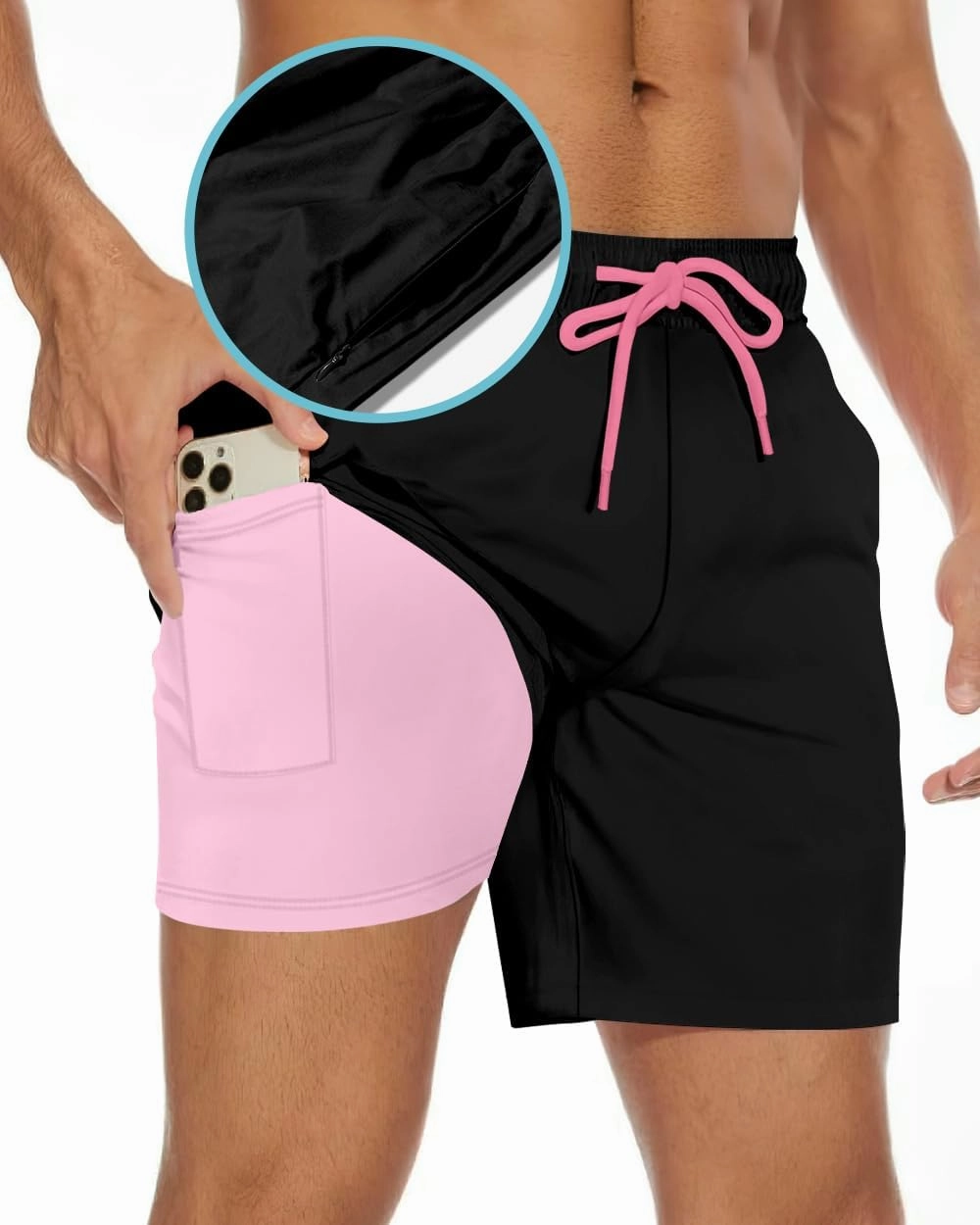 Men's Swim Trunk 5" with Compression Liner 5 Inch Quick Dry Board Shorts Zipper Pocket