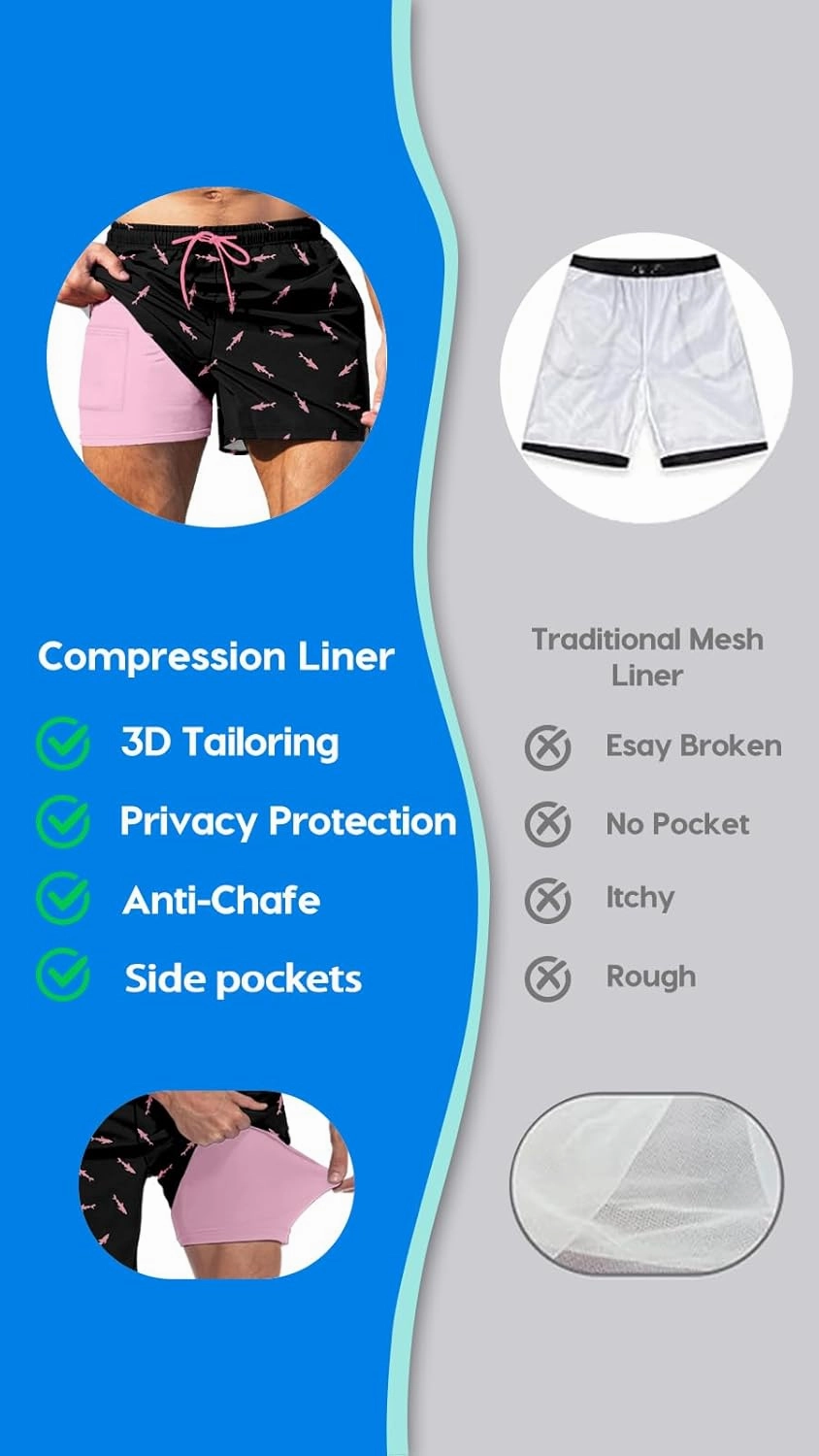 Men's Swim Trunk 5" with Compression Liner 5 Inch Quick Dry Board Shorts Zipper Pocket