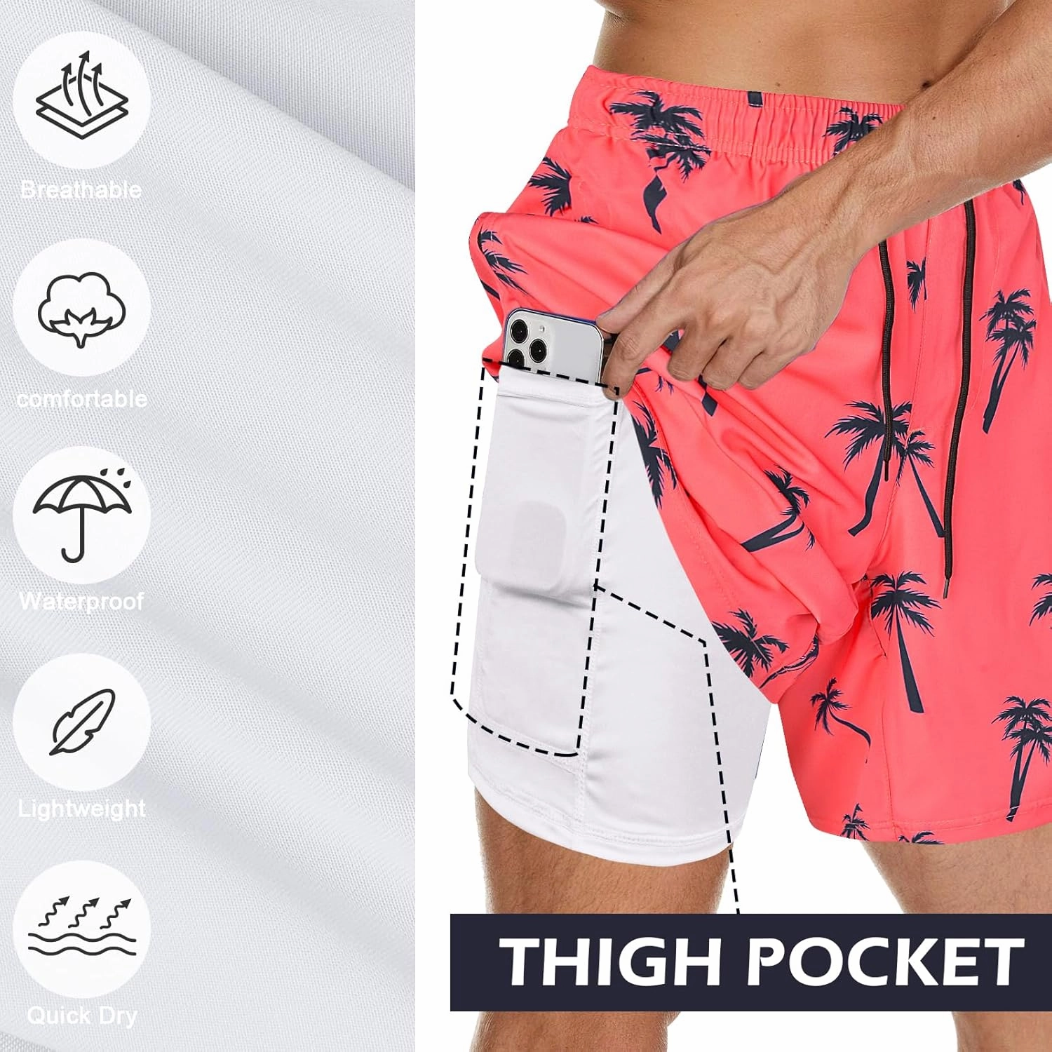 Men's Swim Trunks with Compression Liner Bathing Suits Swimwear Swimming Board Beach Shorts 7 Quick Dry Swimsuit