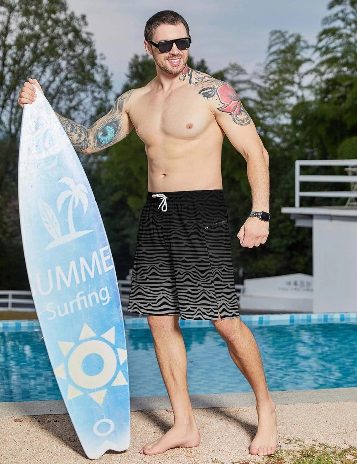 Men's Swim Trunks with Compression Liner Swim Shorts Board Shorts 9 Inch Quick Dry Bathing Suit with Zipper Pockets