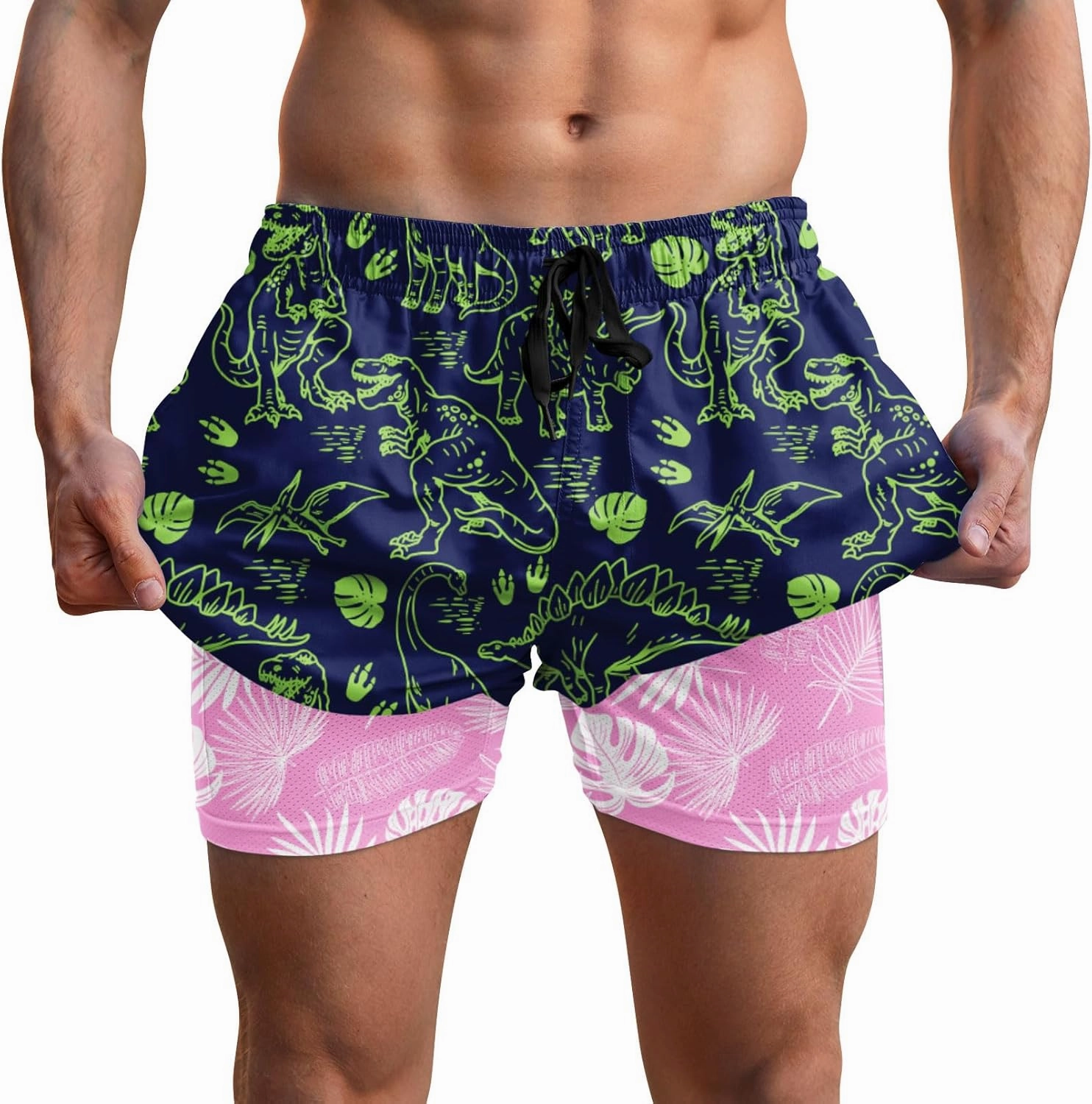Men Swim Trunks 5.5 Inch Board Shorts 2 in 1 Swimwear with Compression Liner