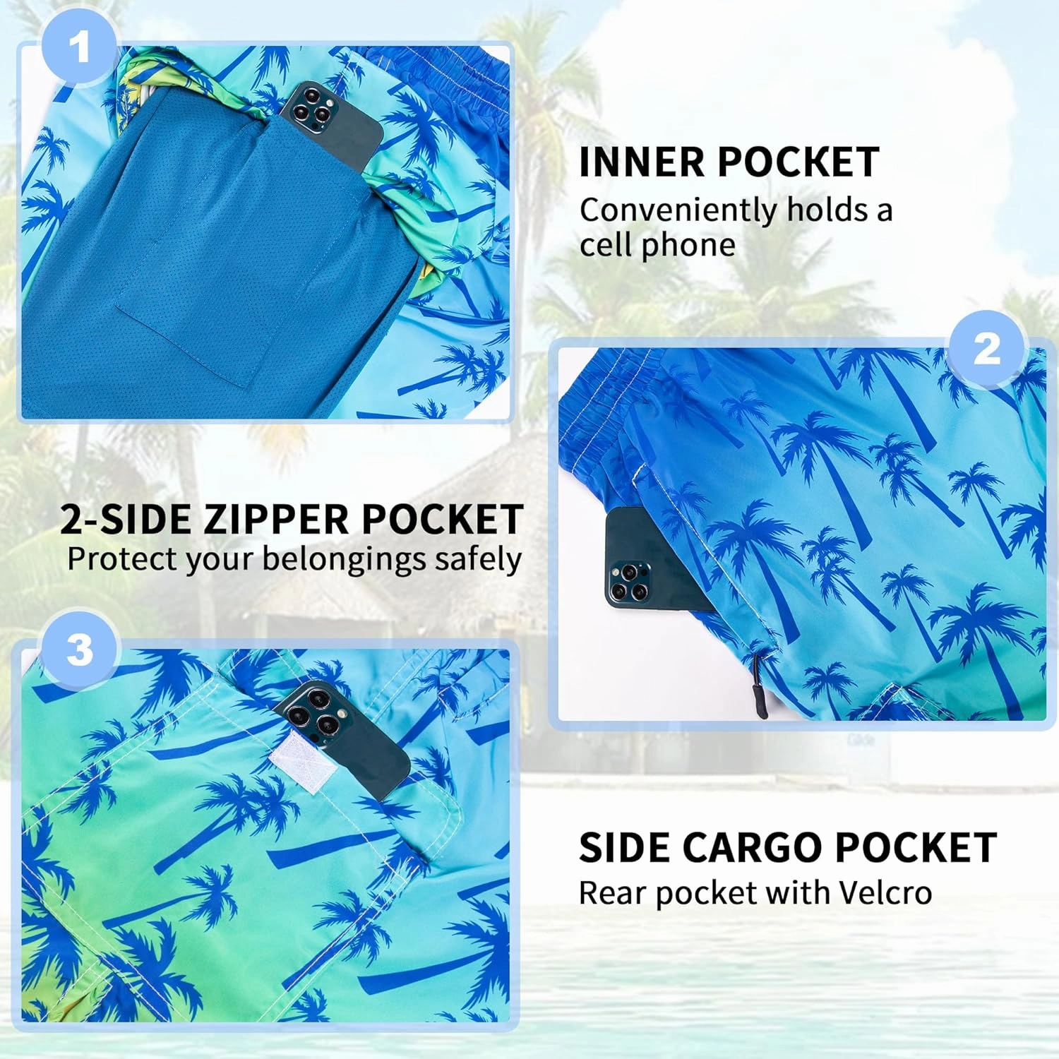 Mens Swim Trunks 9" Board Shorts with Compression Liner Swimsuit Built-in Bathing Suit Quick Dry Swimwear Zipper Pocket