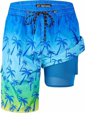Mens Swim Trunks 9" Board Shorts with Compression Liner Swimsuit Built-in Bathing Suit Quick Dry Swimwear Zipper Pocket