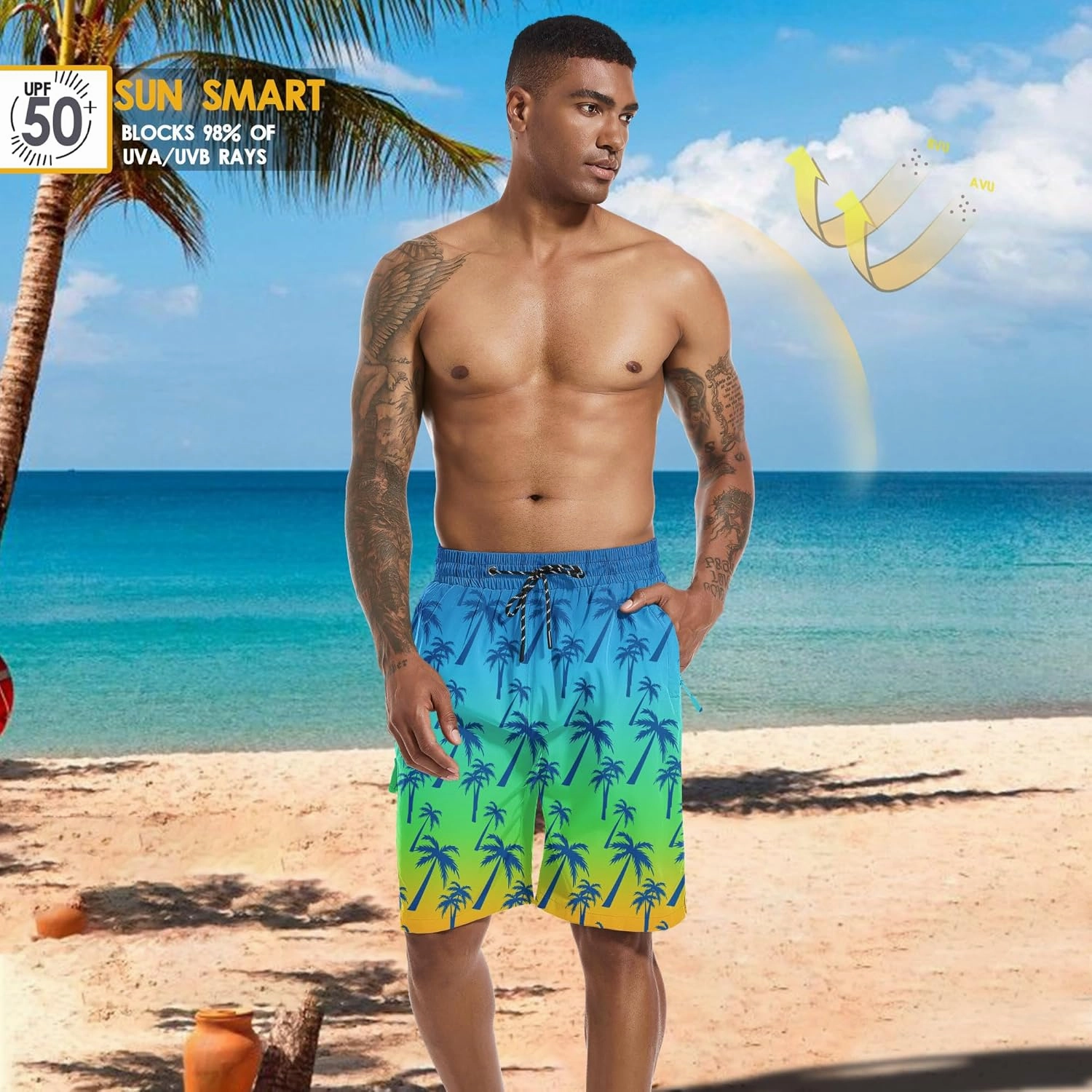 Mens Swim Trunks 9" Board Shorts with Compression Liner Swimsuit Built-in Bathing Suit Quick Dry Swimwear Zipper Pocket