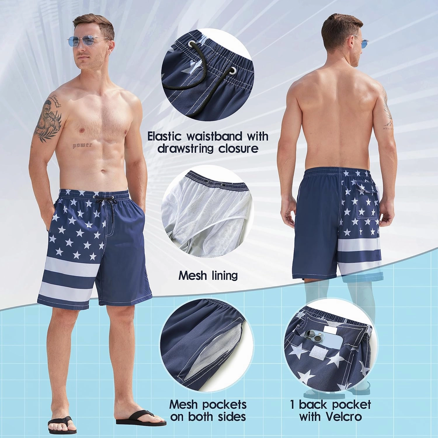 Mens Swim Trunks Quick Dry Board Shorts with Mesh Lining, Breathable Surf Beach Shorts Swimwear Bathing Suits