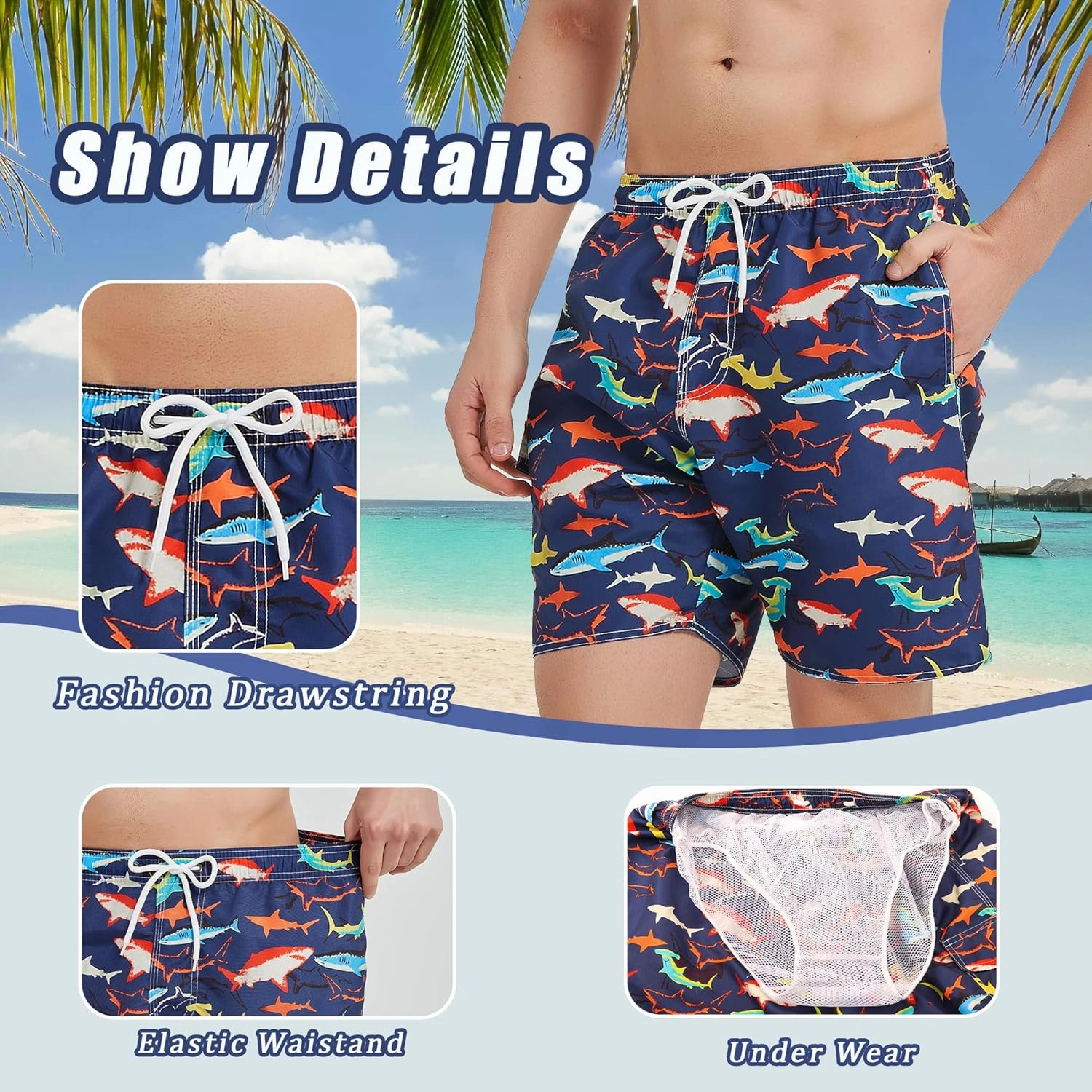 Mens Swim Trunks Swim Shorts Swimwear Quick Dry 7 Swimming Trunks with Mesh Lining