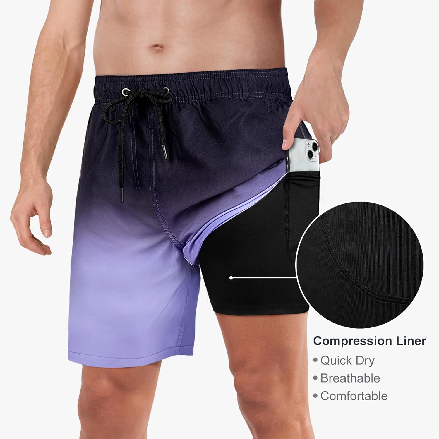 Mens Swim Trunks with Compression Liner 2 in 1 Quick Dry Swimming Shorts Swimwear Bathing Suits with Pockets
