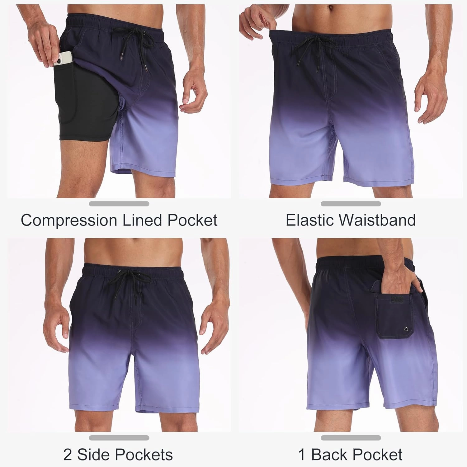 Mens Swim Trunks with Compression Liner 2 in 1 Quick Dry Swimming Shorts Swimwear Bathing Suits with Pockets