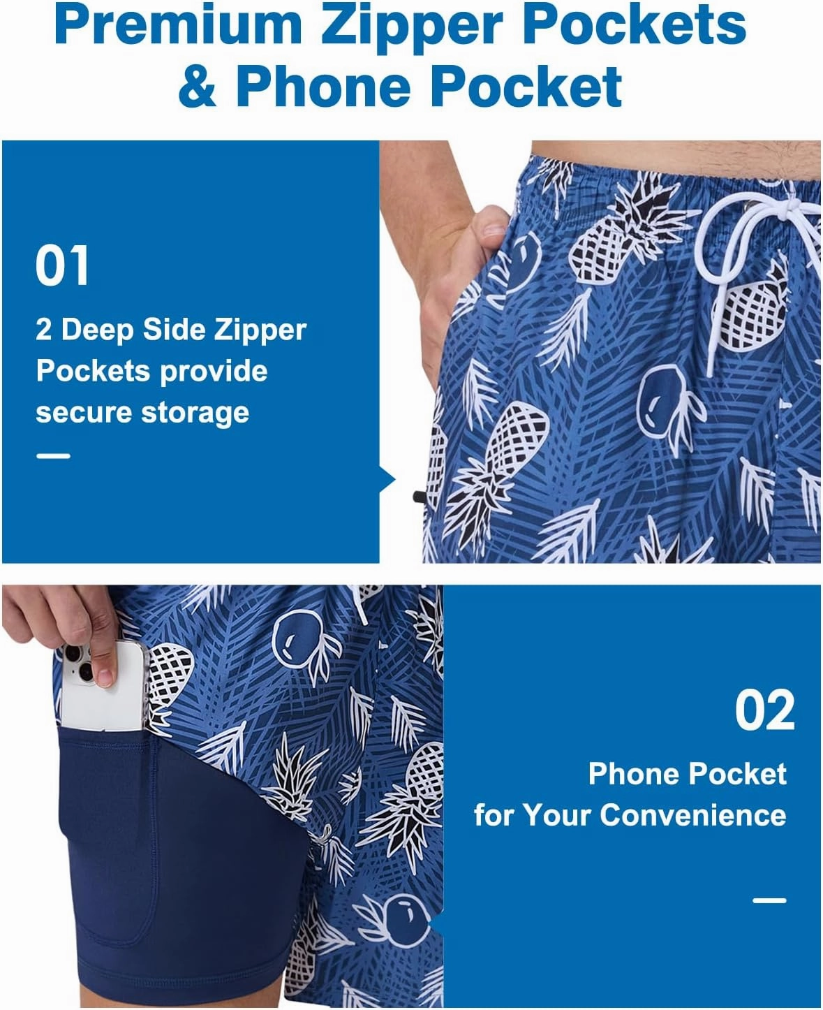 Mens Swim Trunks with Compression Liner 5" Stretch Beach Shorts 2 in 1 Quick Dry with Zipper Pockets Board Shorts