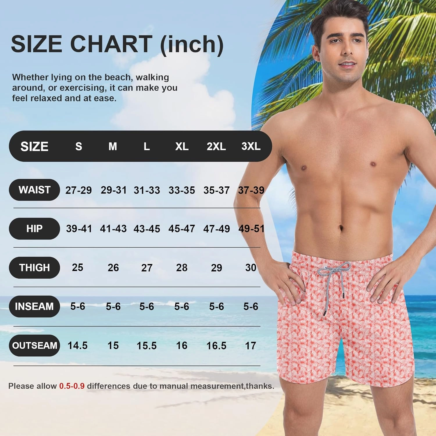 Mens Swim Trunks with Compression Liner 5" Stretch Board Shorts Quick Dry Zipper Pockets 2 in 1 Mens Bathing Suits
