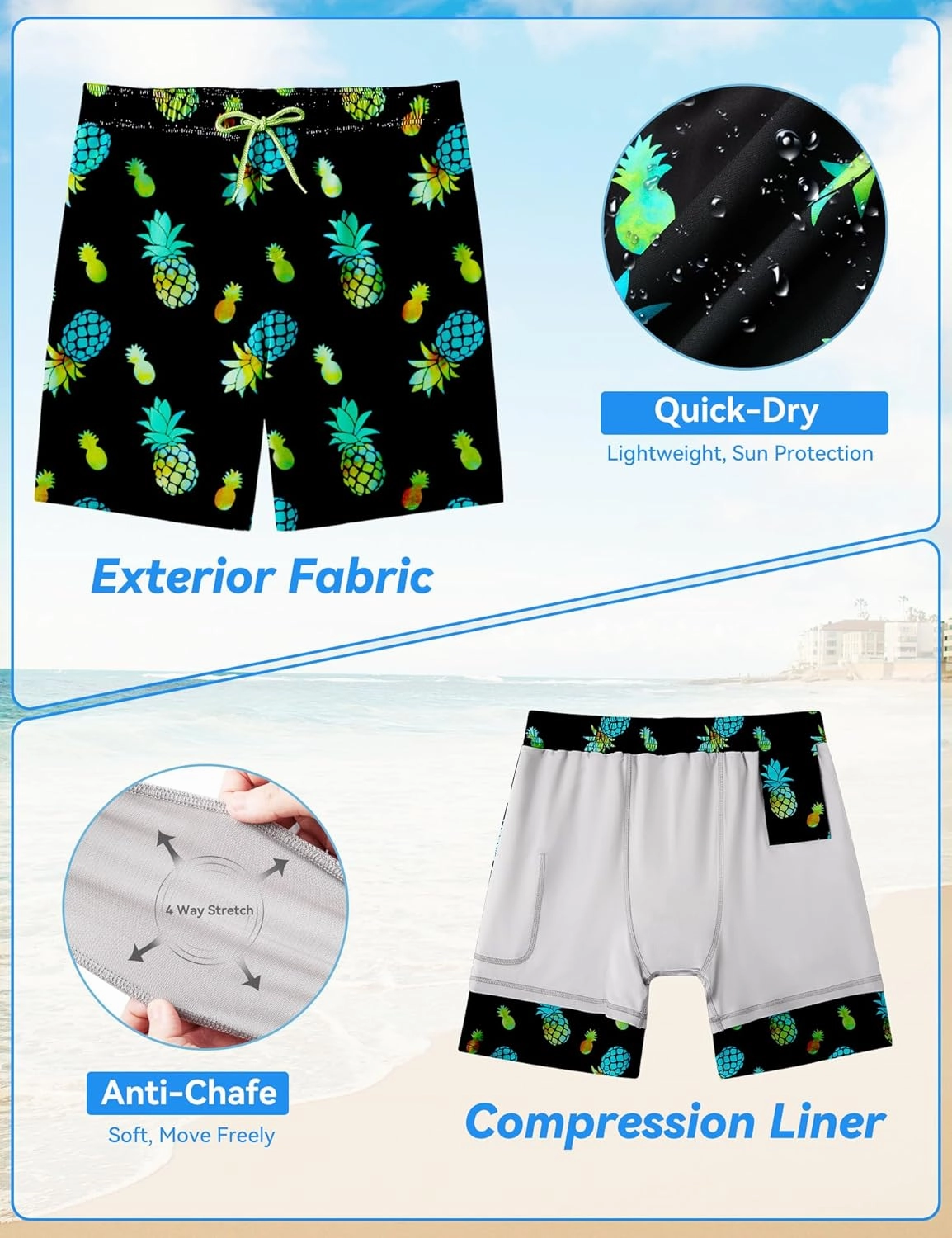 Mens Swim Trunks with Compression Liner 8 inch Quick-Dry Lightweight 2 in 1 Board Shorts 4-Way Stretch UPF 50 