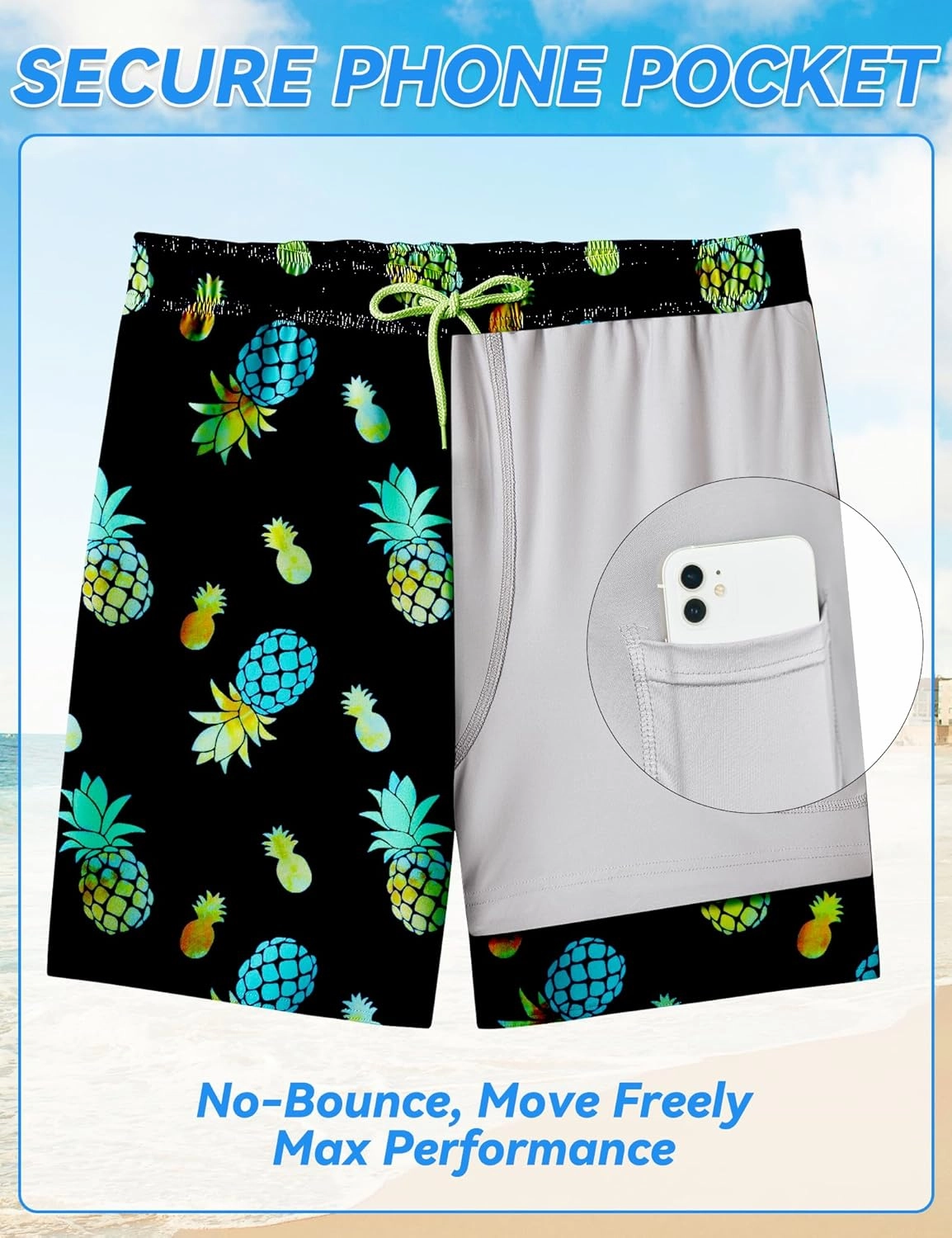 Mens Swim Trunks with Compression Liner 8 inch Quick-Dry Lightweight 2 in 1 Board Shorts 4-Way Stretch UPF 50 