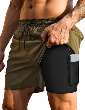 Mens Swim Trunks with Compression Liner Bathing Suits 2 Pack Quick Dry Stretch Beach Shorts 7 inch Inseam Swimwear