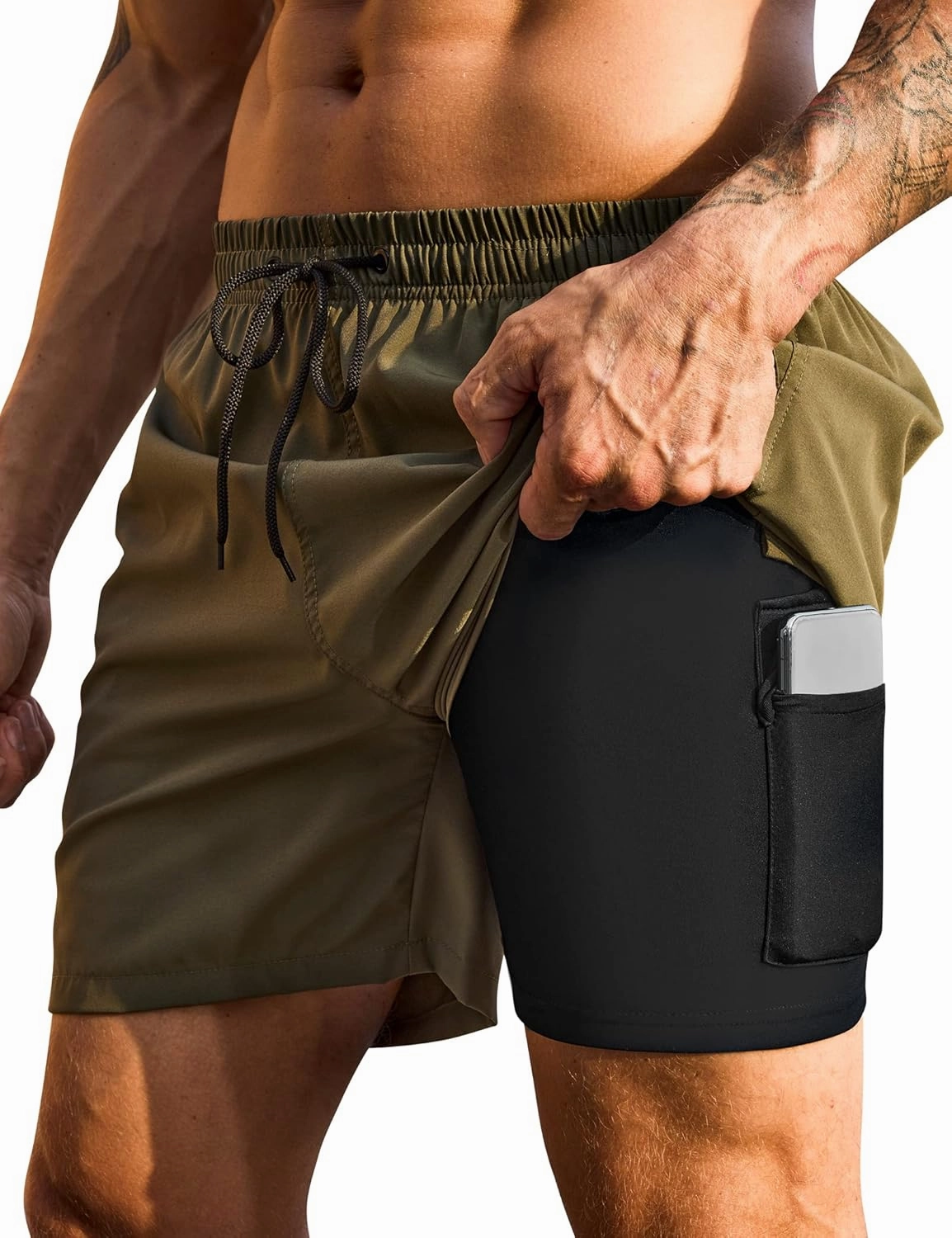 Mens Swim Trunks with Compression Liner Bathing Suits 2 Pack Quick Dry Stretch Beach Shorts 7 inch Inseam Swimwear