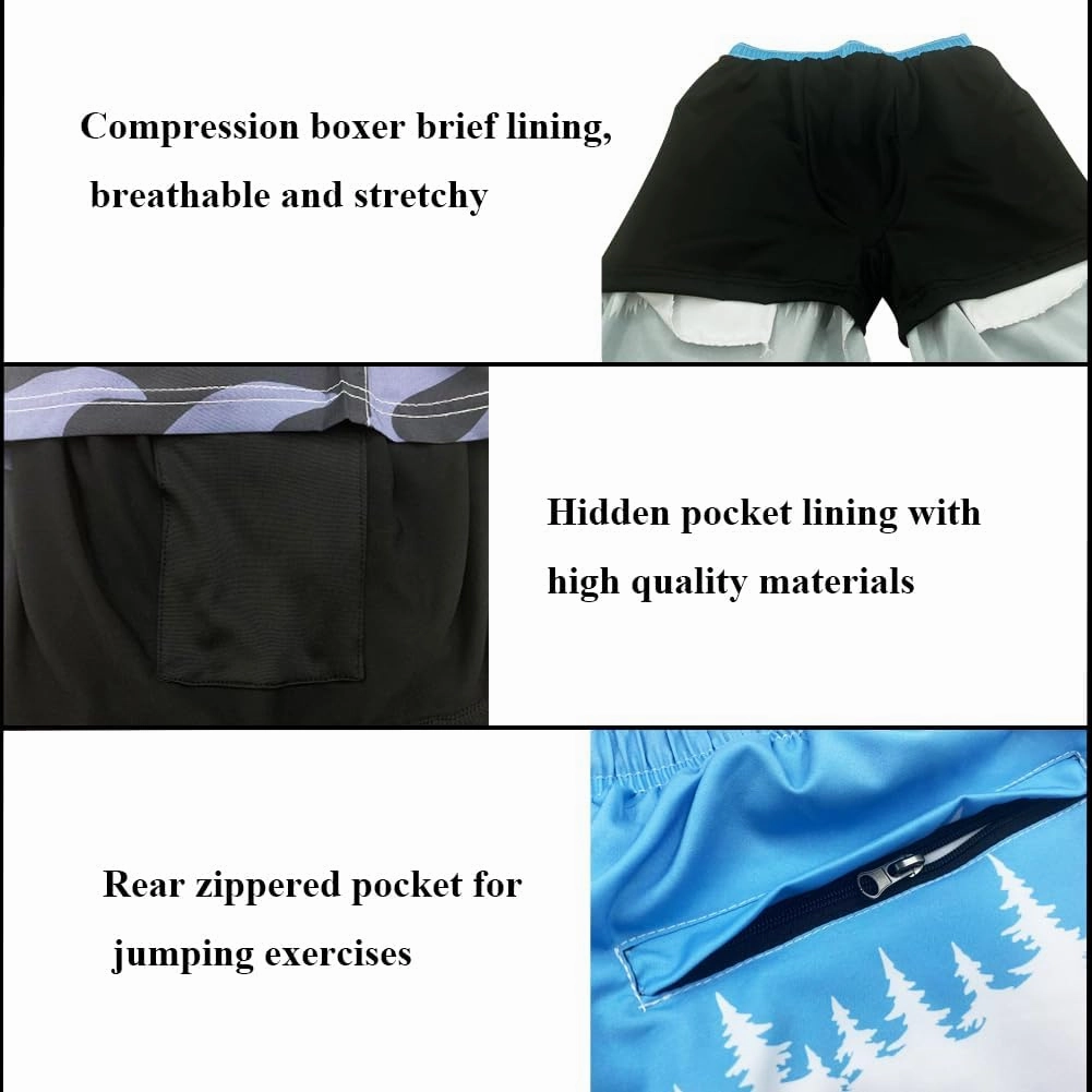 Mens Swim Trunks with Compression Liner Quick Dry Zipper Pocket Bathing