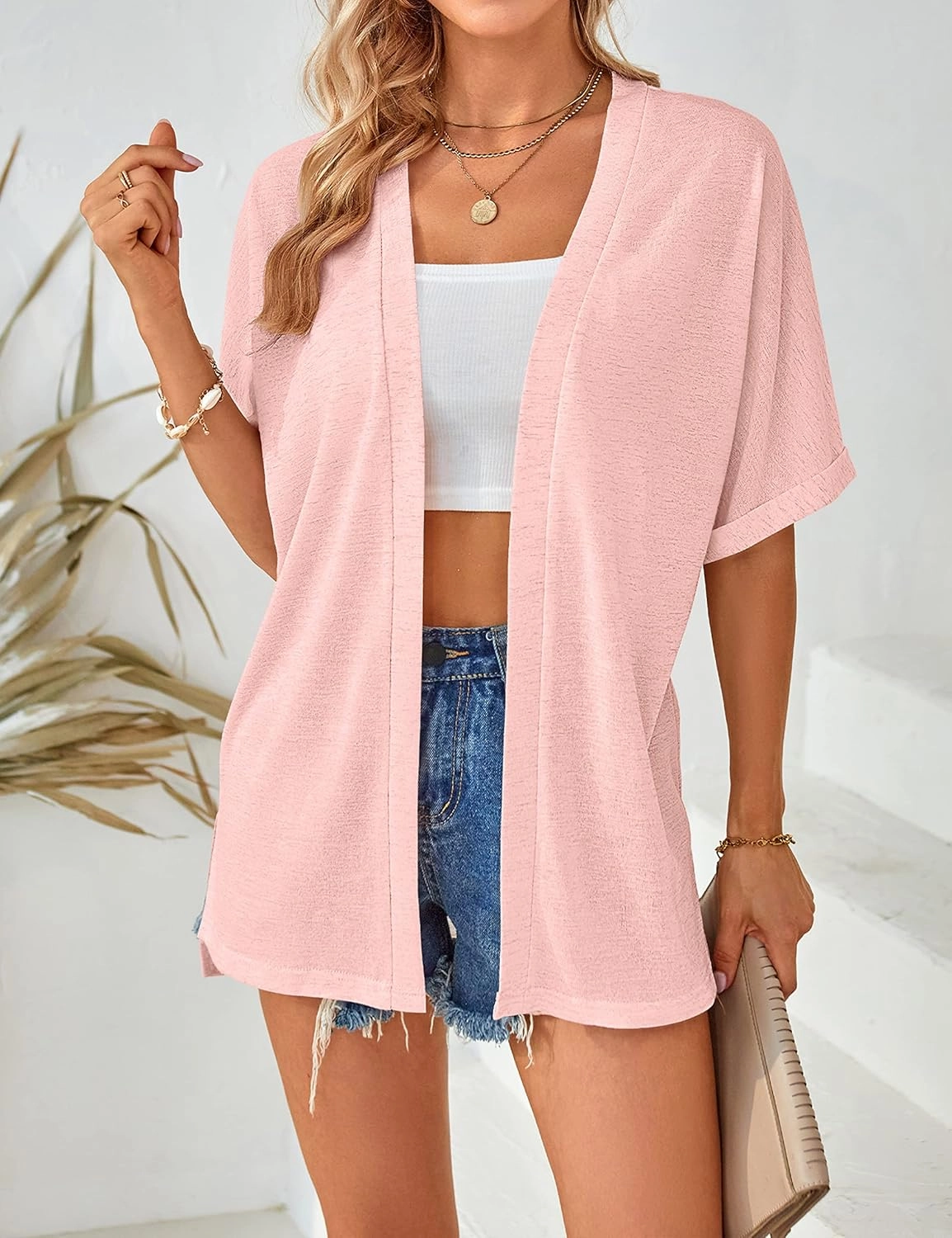 MEROKEETY Womens 2025 Summer Lightweight Cardigan Short Sleeve Open Front Casual Loose Cover Ups