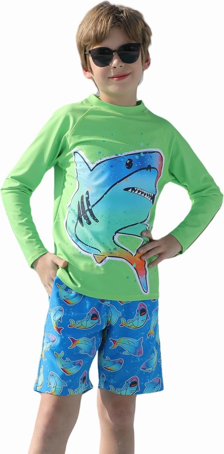 MILANKERR Toddler Boys Rash Guard Sets,Swim Trunks with Compression Liner,Swim Shirt Sets