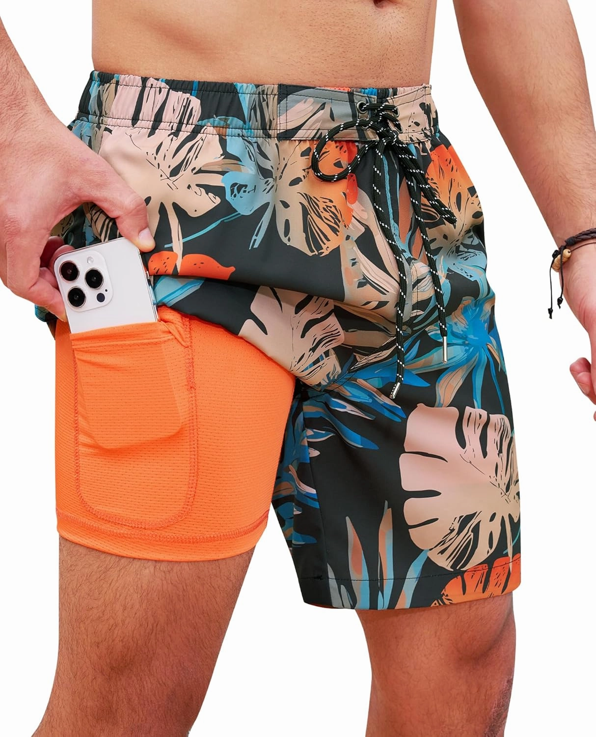 Milin Naco Mens Swim Trunks 7 Inch Inseam Compression Liner 2 in 1 Printed Swimming Short