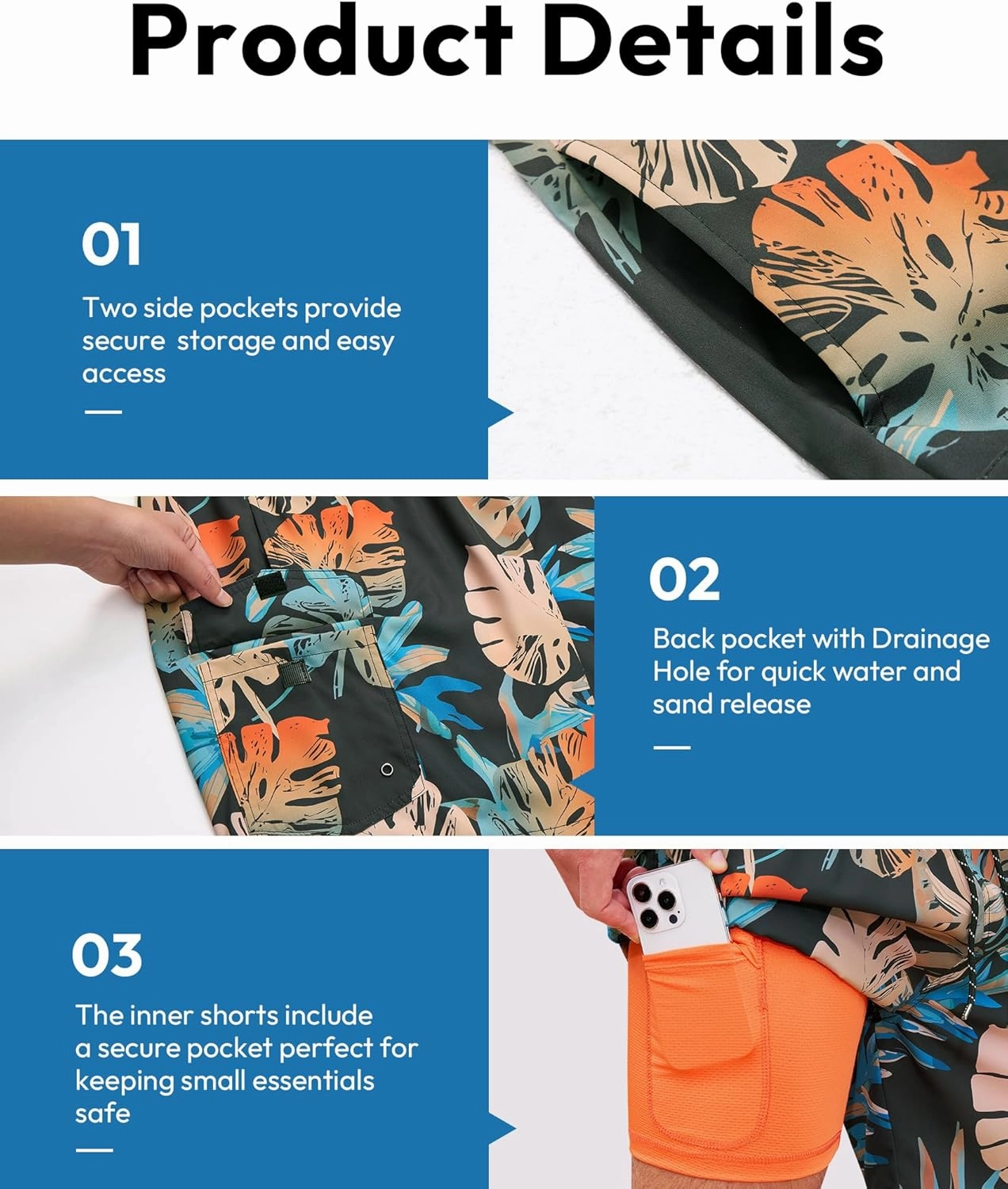 Milin Naco Mens Swim Trunks 7 Inch Inseam Compression Liner 2 in 1 Printed Swimming Short