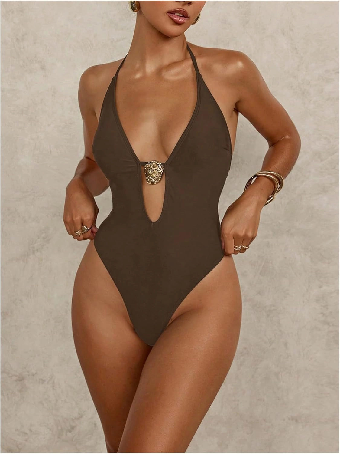 Milumia Women's One Piece Metal Cut Out Halter Swimsuit Sexy Deep V Neck Open Back Swimwear