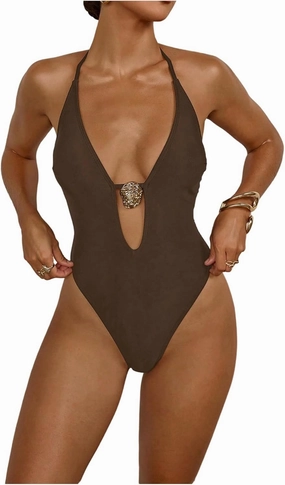 Milumia Women's One Piece Metal Cut Out Halter Swimsuit Sexy Deep V Neck Open Back Swimwear