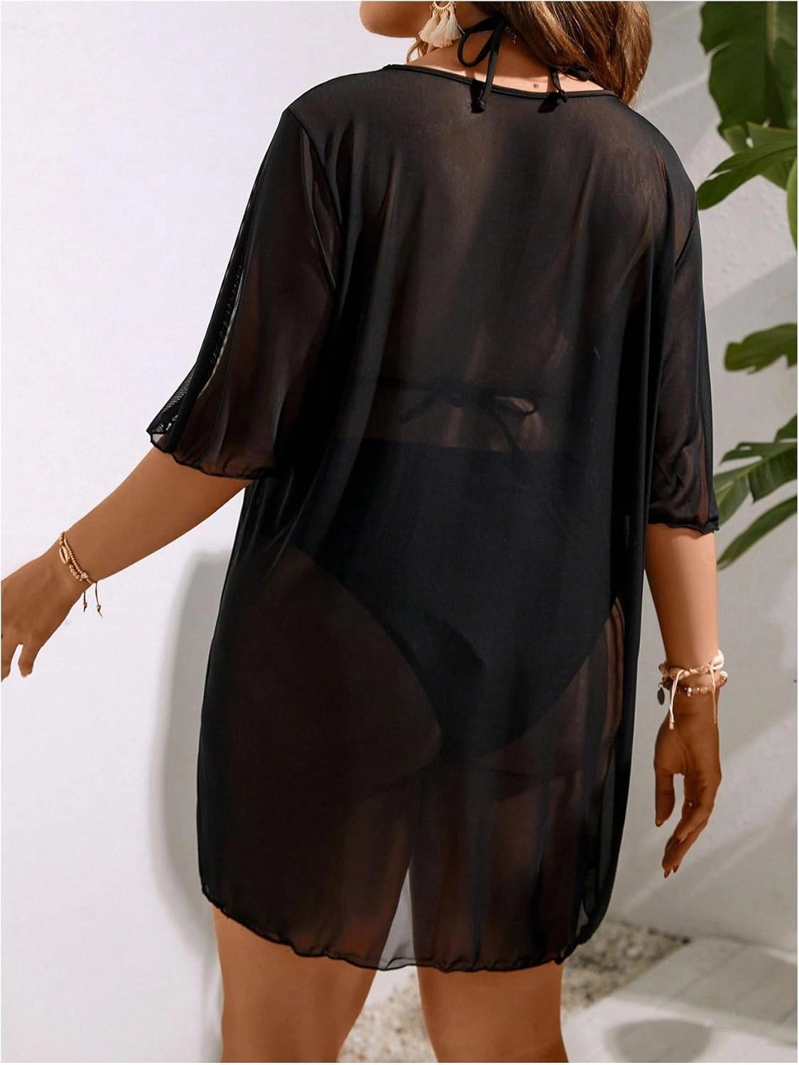 Milumia Women's Plus Size Mesh Split Cover Up Half Sleeve Sheer Beach Dress