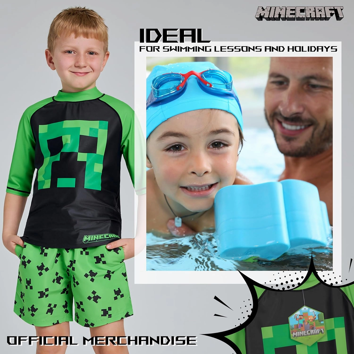 Minecraft Boys 2 Piece Swim Set, Swimming Top and Boys Swim Trunks