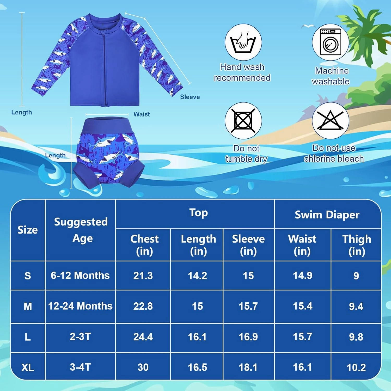 MooMoo Baby Rash Guard Swimsuit Set Reusable Swim Diapers Long Sleeve UPF 50  Swim Shirt for Swim Lesson and Pool