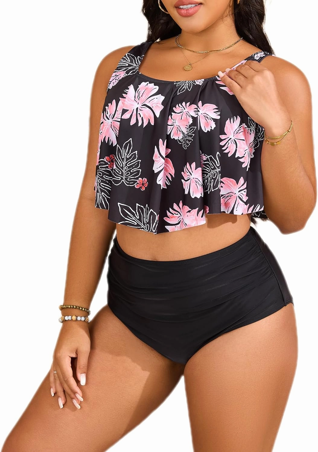 Mooncore Womens Plus Size Swimsuit High Waisted Tankini Bathing Suits Two Piece Flounce Bikini Swimsuit