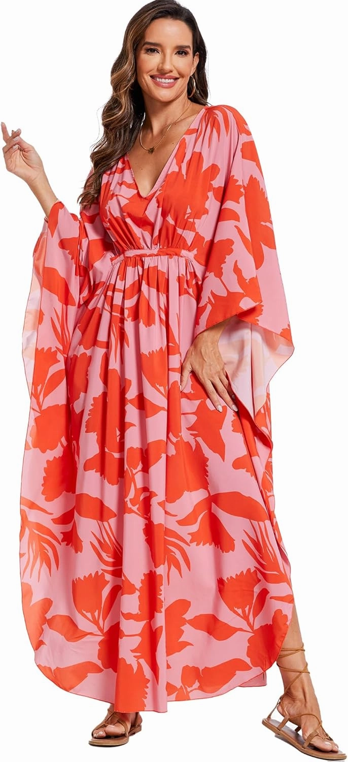 Moss Rose Kaftan Dresses for Women V Neck Summer Swimsuit Cover up Caftan Plus Size Maxi Beach Dresses