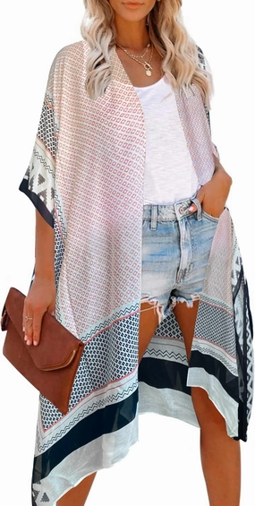 Moss Rose Women's Beach Cover up Swimsuit Kimono with Bohemian Floral Print, Loose Casual Resort Wear