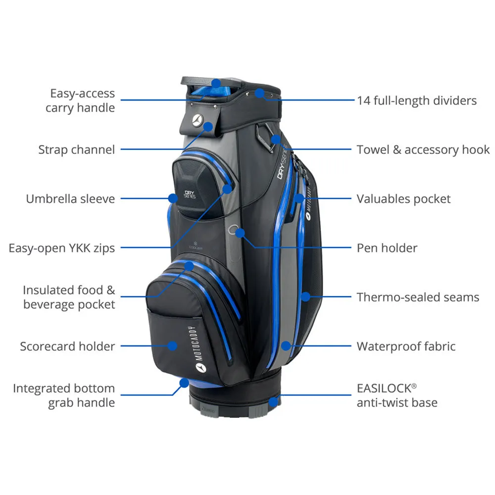 Motocaddy Dry Series Cart Waterproof Bag - Charcoal/Blue, Golf club grips, Ping G430 hybrid, Yellow golf balls