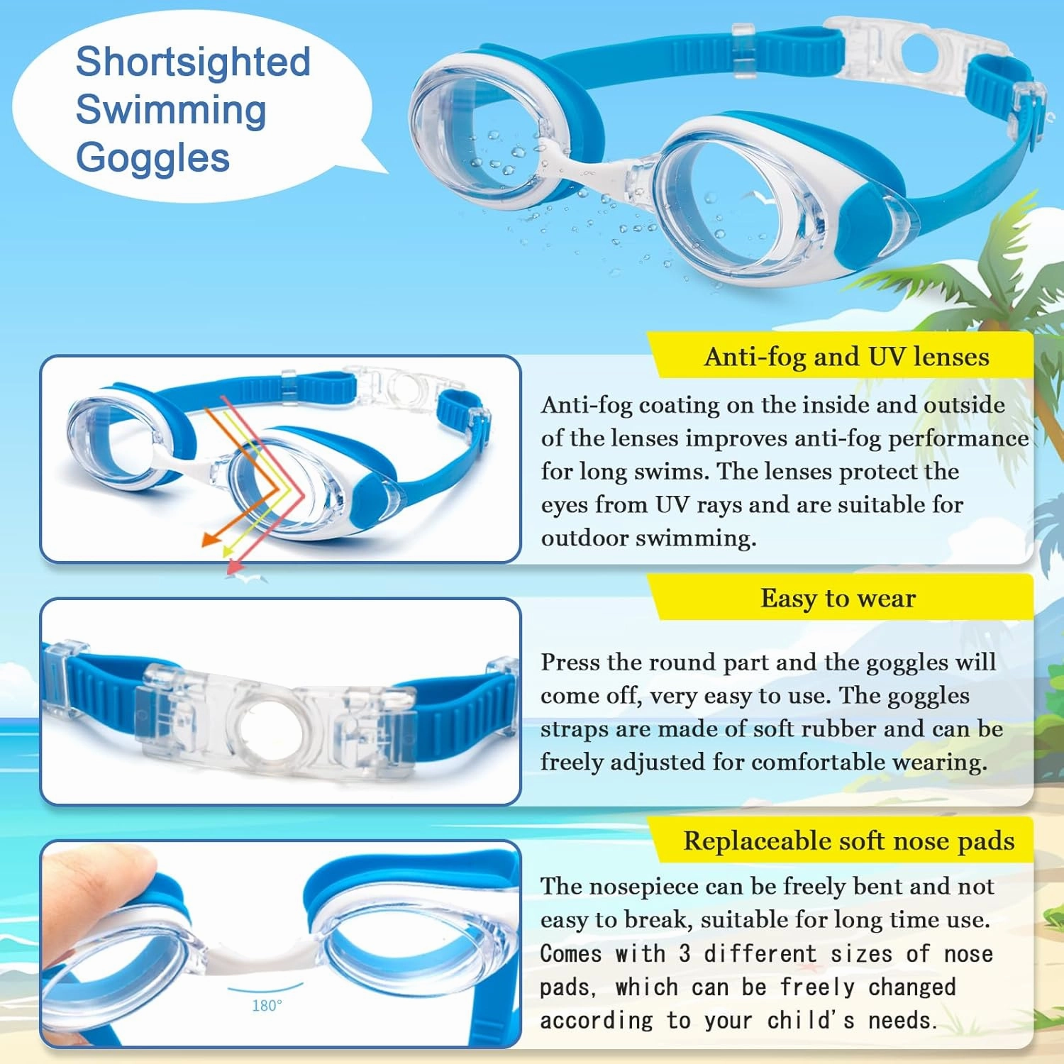 Nearsighted Swim Goggles for Kids -2.0D to -5.0D,Anti Fog Shortsighted Swimmg Glasses No Leaking,Suit for 4-14 Years