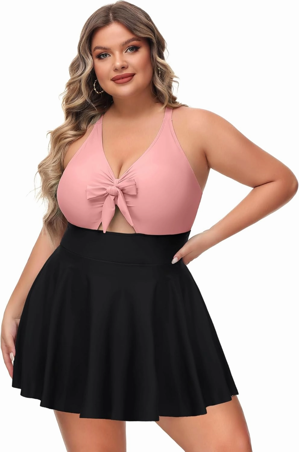 NIeyook Womens Plus Size One Piece Swimsuit with Skirt V Neck Cutout Flowy Swim Dress Tummy Control Bathing Suit