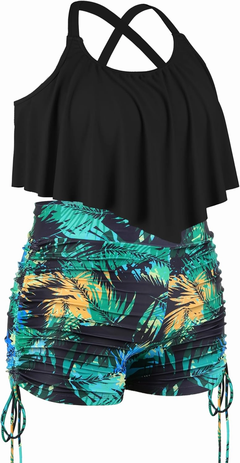 NIeyook Womens Plus Size Tankini Swimsuits Ruffled Tankini Bathing Suits 2 Pieces Tummy Control Swimwear with Shorts
