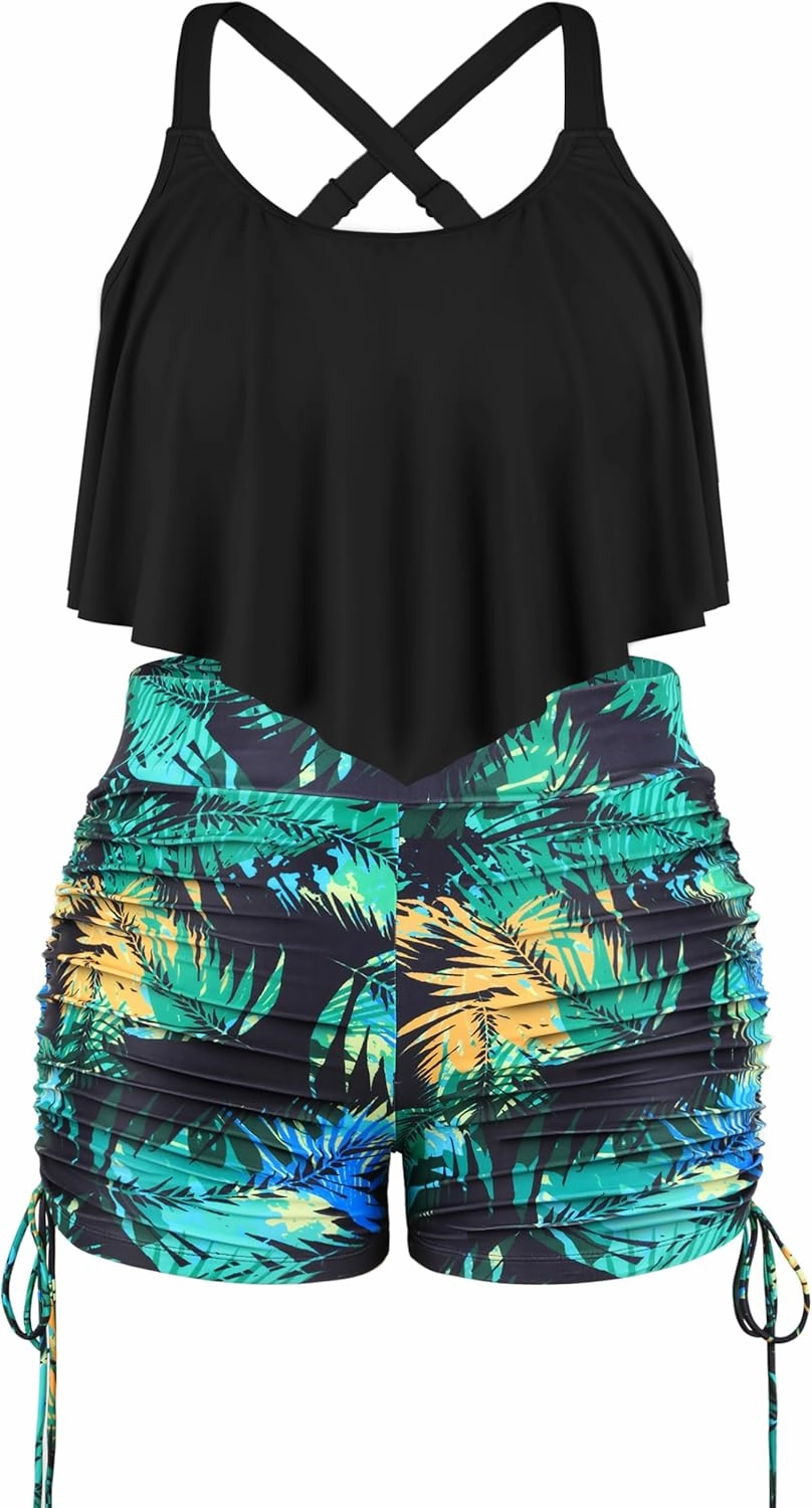 NIeyook Womens Plus Size Tankini Swimsuits Ruffled Tankini Bathing Suits 2 Pieces Tummy Control Swimwear with Shorts