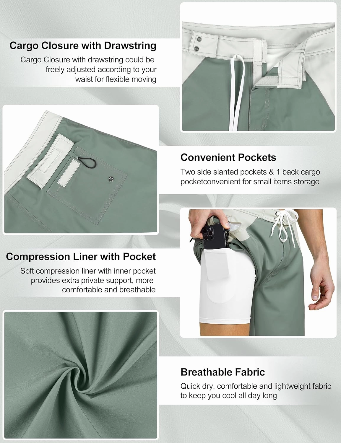 Nonwe Men's Swim Trunks with Compression Liner 2 in 1 Fast Dry Bathing Suits Cargo Surf Board Shorts with Pockets