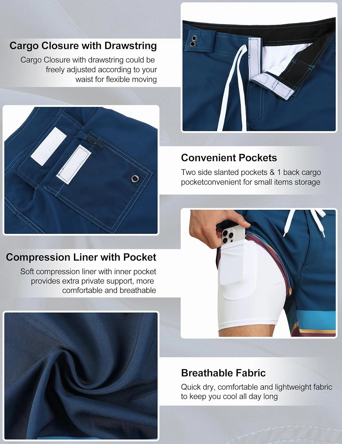 Nonwe Men's Swim Trunks with Compression Liner 2 in 1 Fast Dry Bathing Suits Cargo Surf Board Shorts with Pockets