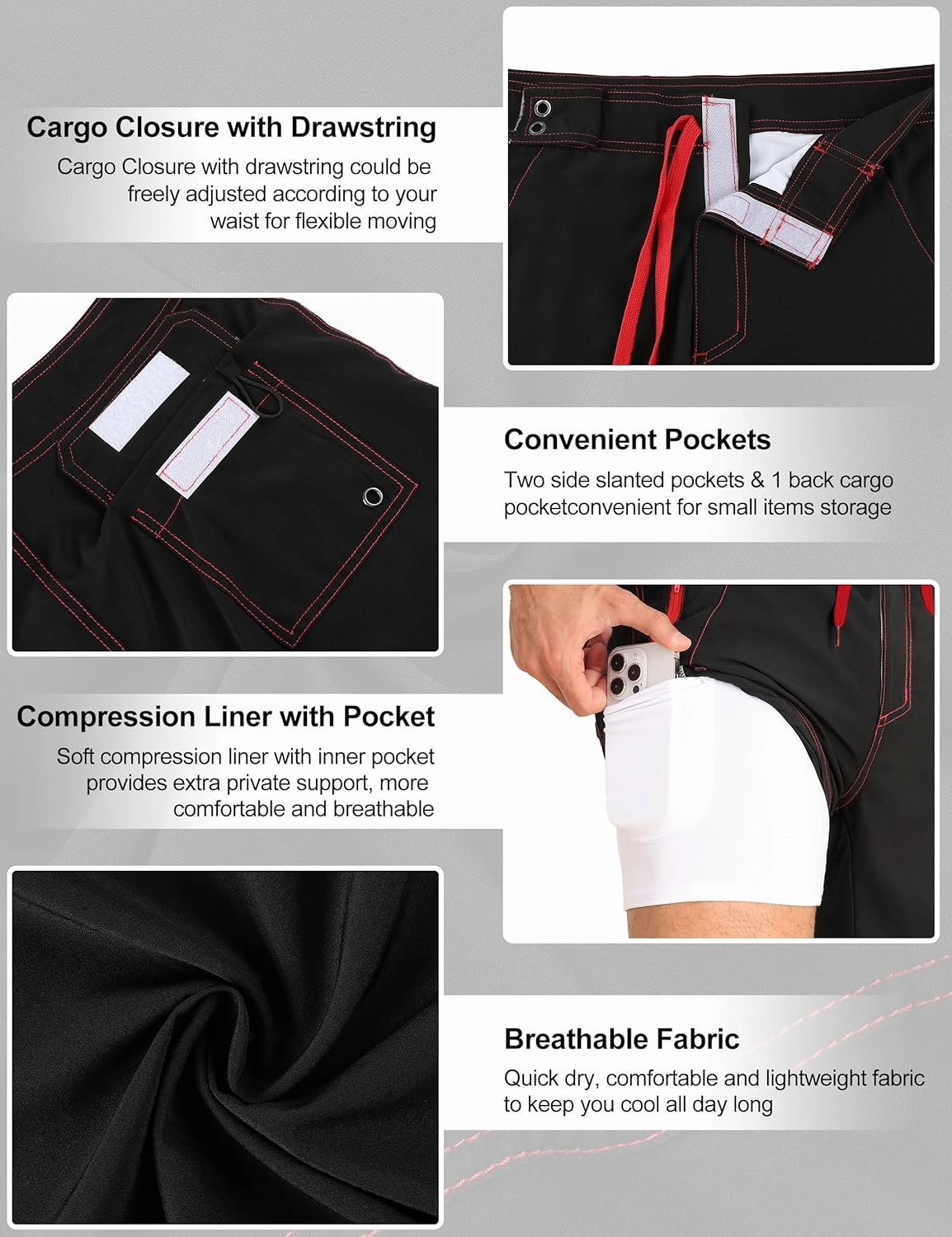 Nonwe Men's Swim Trunks with Compression Liner 2 in 1 Fast Dry Bathing Suits Cargo Surf Board Shorts with Pockets