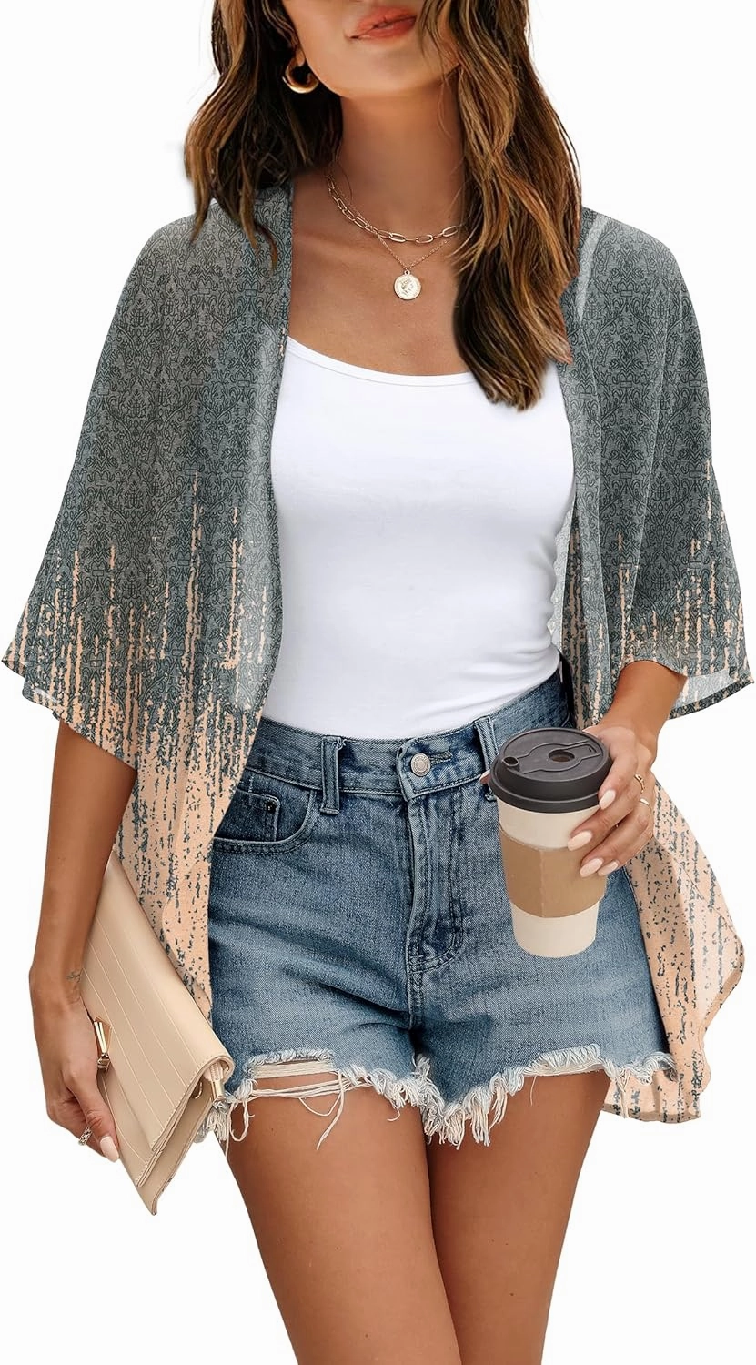 OFEEFAN Beach Cover Ups for Women 3/4 Length Sleeve Womens Tops Summer Cardigan Casual Blouses Loose Fit