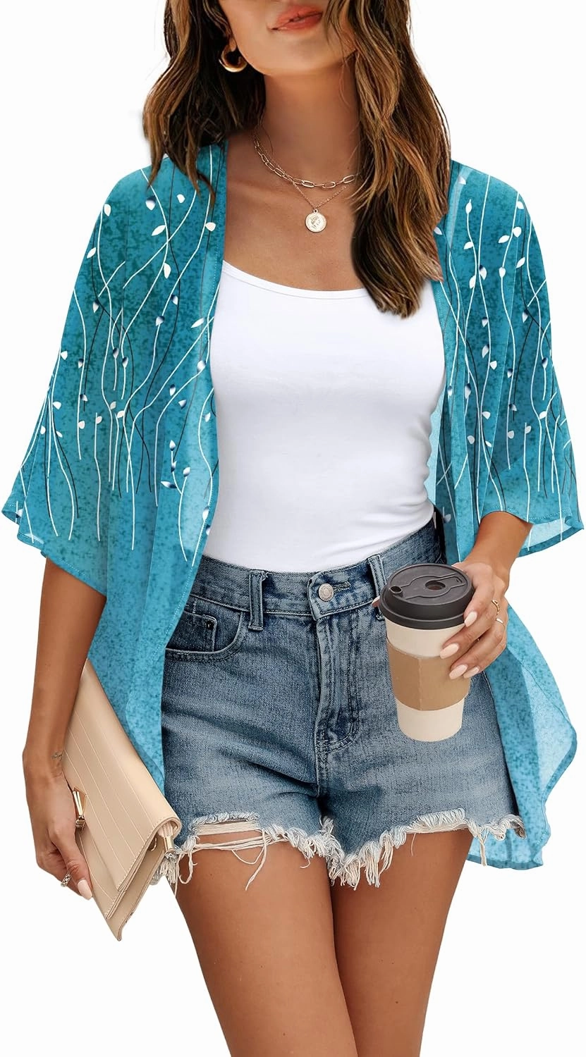 OFEEFAN Beach Cover Ups for Women 3/4 Length Sleeve Womens Tops Summer Cardigan Casual Blouses Loose Fit