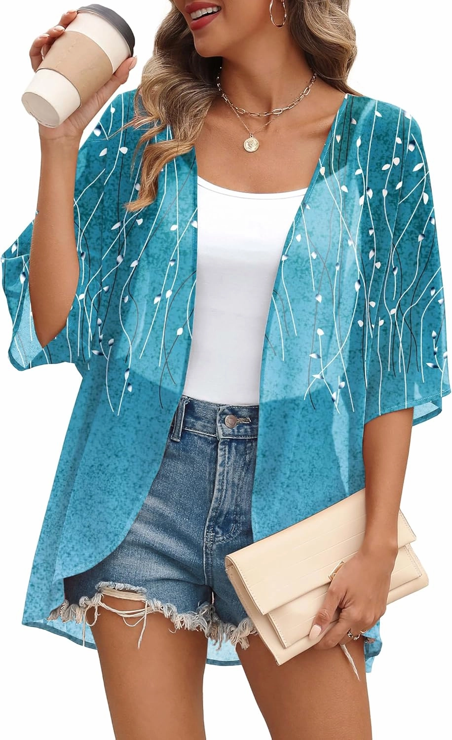 OFEEFAN Beach Cover Ups for Women 3/4 Length Sleeve Womens Tops Summer Cardigan Casual Blouses Loose Fit